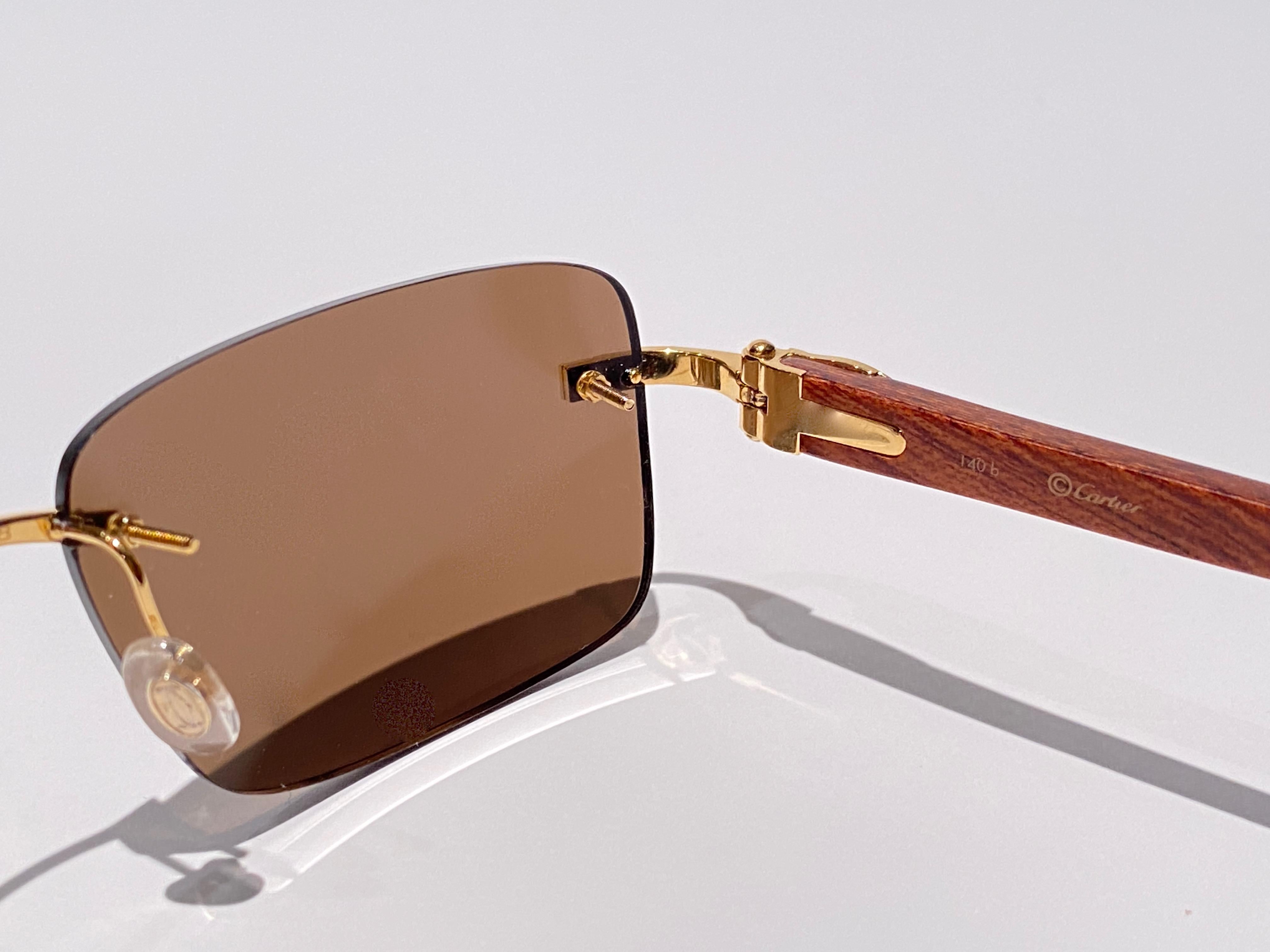 Women's or Men's New Cartier Rimless C Decor Monogram Precious Wood Full Set France Sunglasses