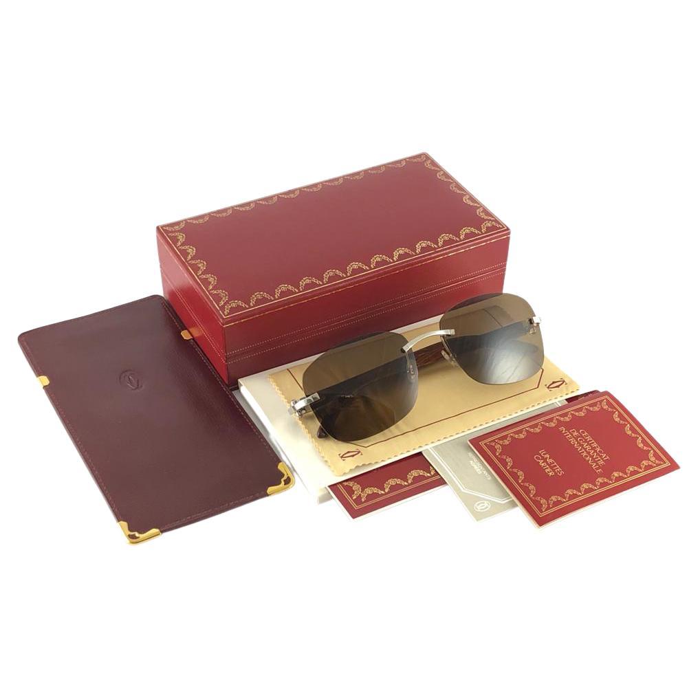 New Cartier Rimless C Decor Monogram Precious Wood Full Set France Sunglasses For Sale