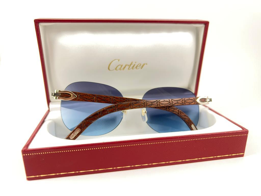 New Cartier Rimless C Decor Platine Precious Wood Full Set France Sunglasses For Sale 6