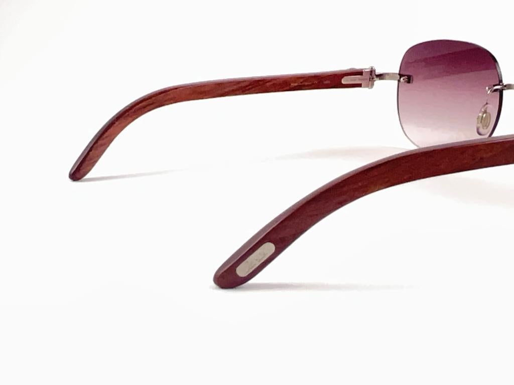 New Cartier Rimless C Decor Platine Precious Wood Full Set France Sunglasses For Sale 6