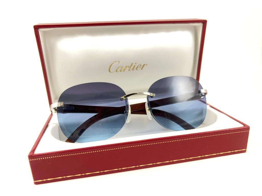 New Cartier Rimless C Decor Platine Precious Wood Full Set France Sunglasses For Sale 7