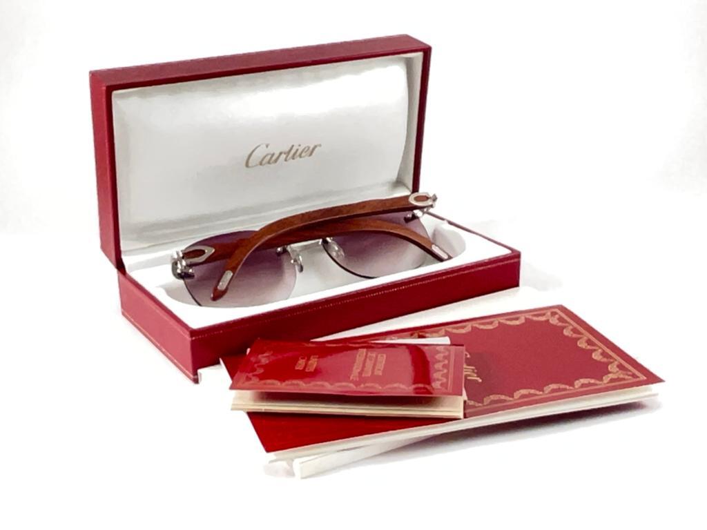 New Cartier Rimless C Decor Platine Precious Wood Full Set France Sunglasses 8