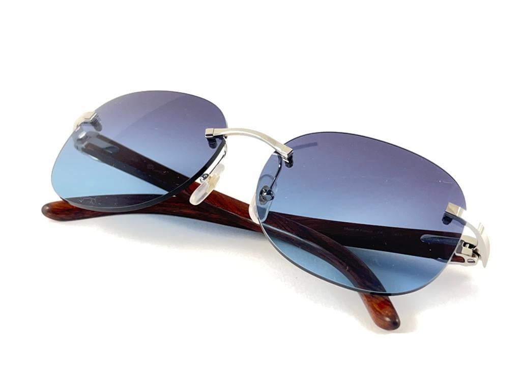 New Cartier Rimless C Decor Platine Precious Wood Full Set France Sunglasses For Sale 8