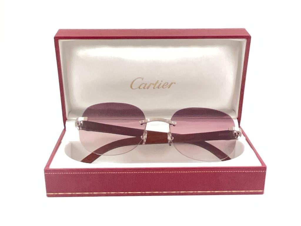 New Cartier Rimless C Decor Platine Precious Wood Full Set France Sunglasses In New Condition For Sale In Baleares, Baleares