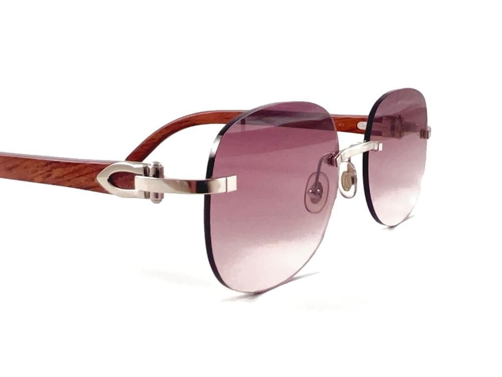 Women's or Men's New Cartier Rimless C Decor Platine Precious Wood Full Set France Sunglasses