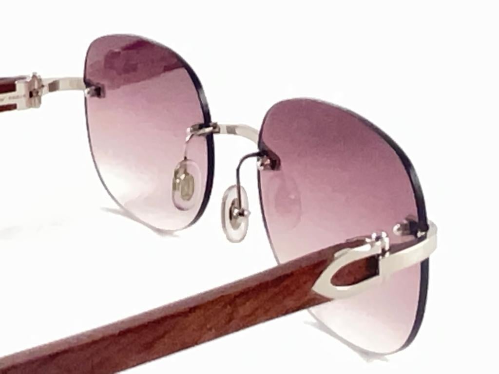New Cartier Rimless C Decor Platine Precious Wood Full Set France Sunglasses For Sale 4