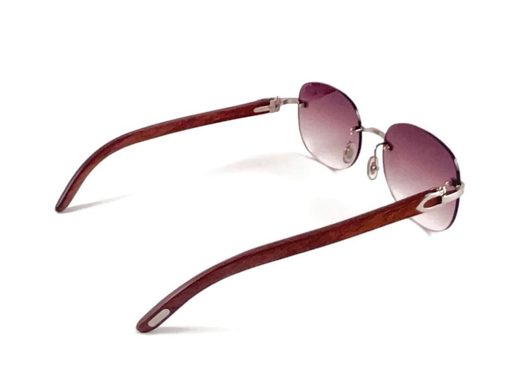 New Cartier Rimless C Decor Platine Precious Wood Full Set France Sunglasses en vente 5
