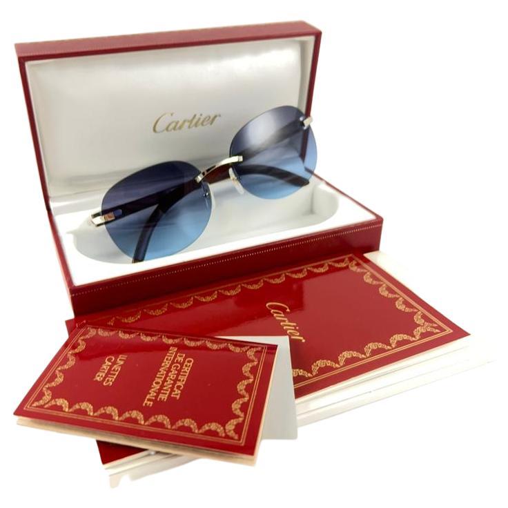 New Cartier Rimless C Decor Platine Precious Wood Full Set France Sunglasses For Sale