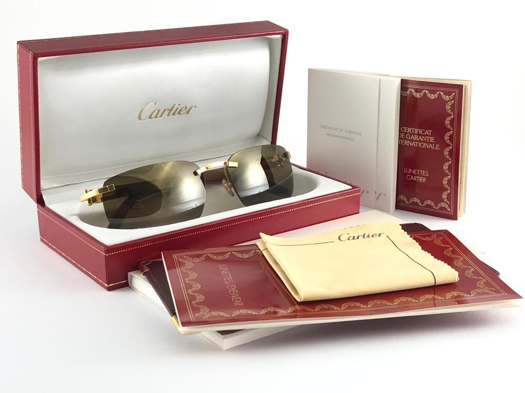 New Cartier Rimless C Decor Precious Wood Full Set France Sunglasses 4