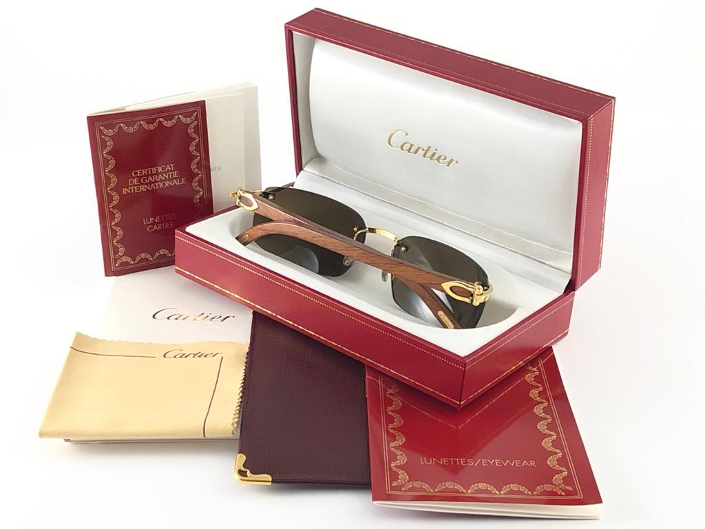 New Cartier Rimless C Decor Precious Wood Full Set France Sunglasses 5