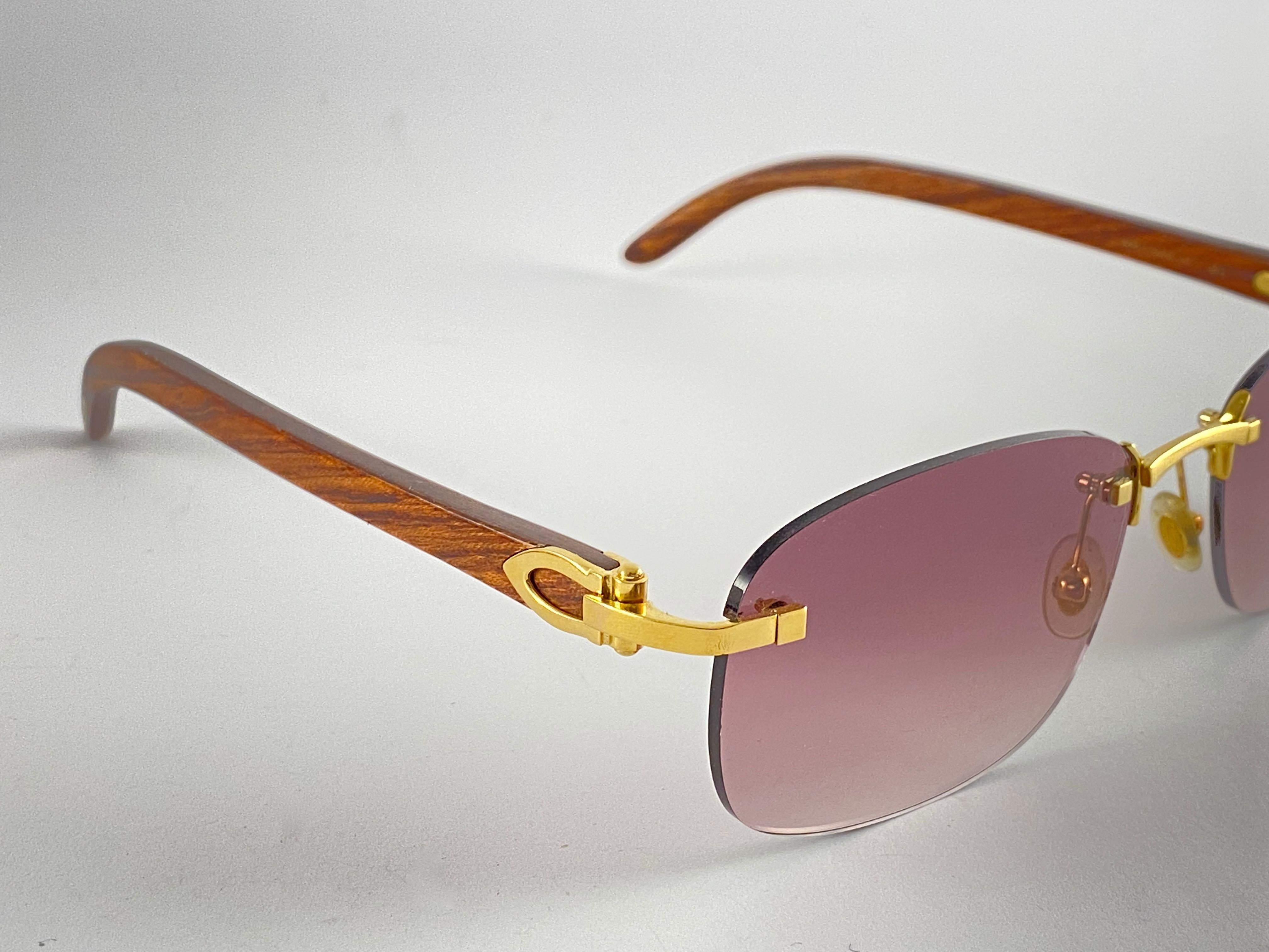 Brown New Cartier Rimless C Decor Precious Wood Full Set France Sunglasses