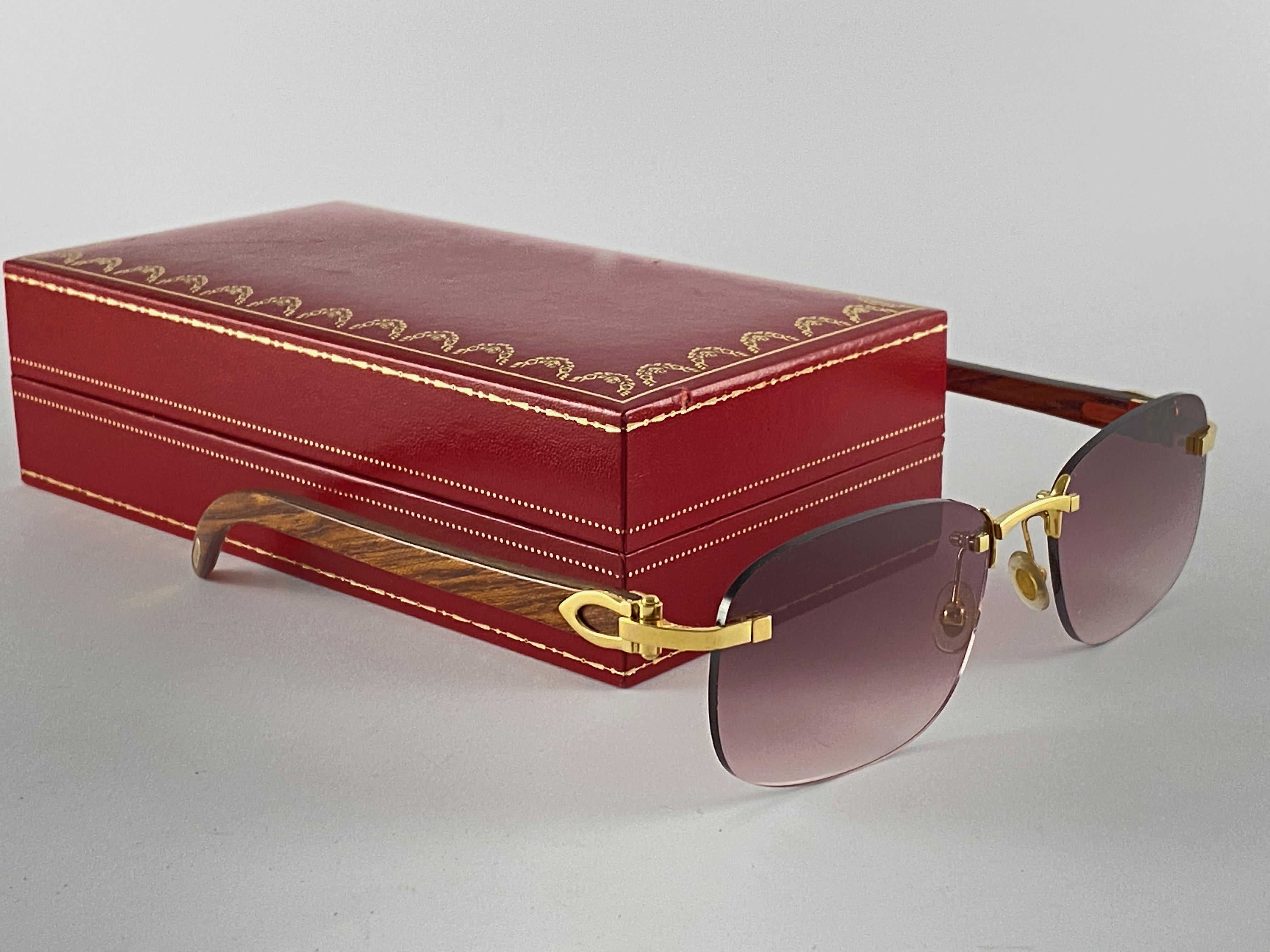 New Cartier Rimless C Decor Precious Wood Full Set France Sunglasses 1