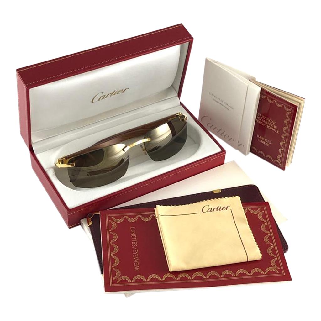 New Cartier Rimless C Decor Precious Wood Full Set France Sunglasses