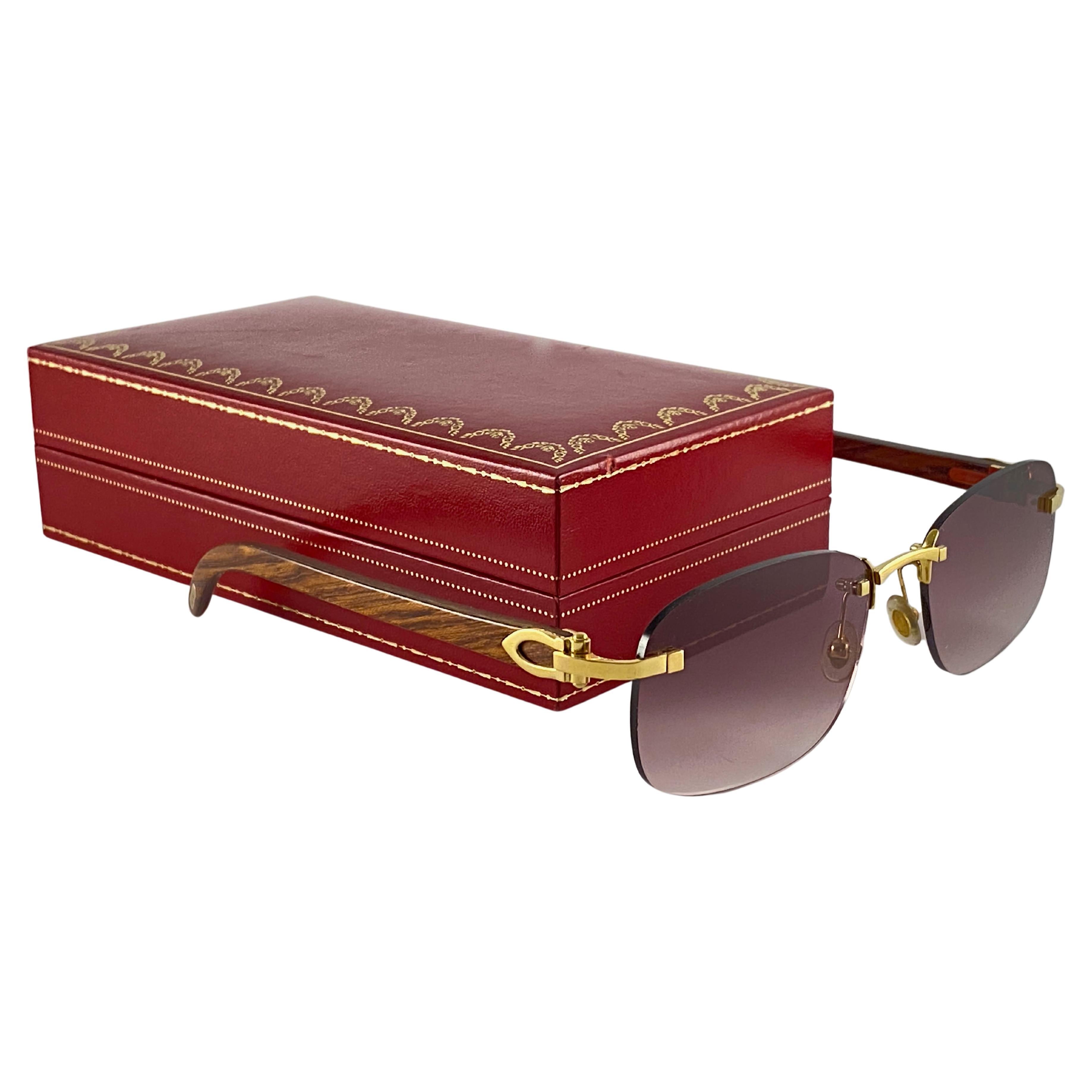 New Cartier Rimless C Decor Precious Wood Full Set France Sunglasses