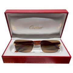 Retro New Cartier Rimless " C " Monogram Precious Wood Full Set France Sunglasses