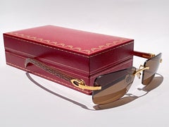 New Cartier Rimless " CROCO " C Decor Precious Wood Full Set France Sunglasses