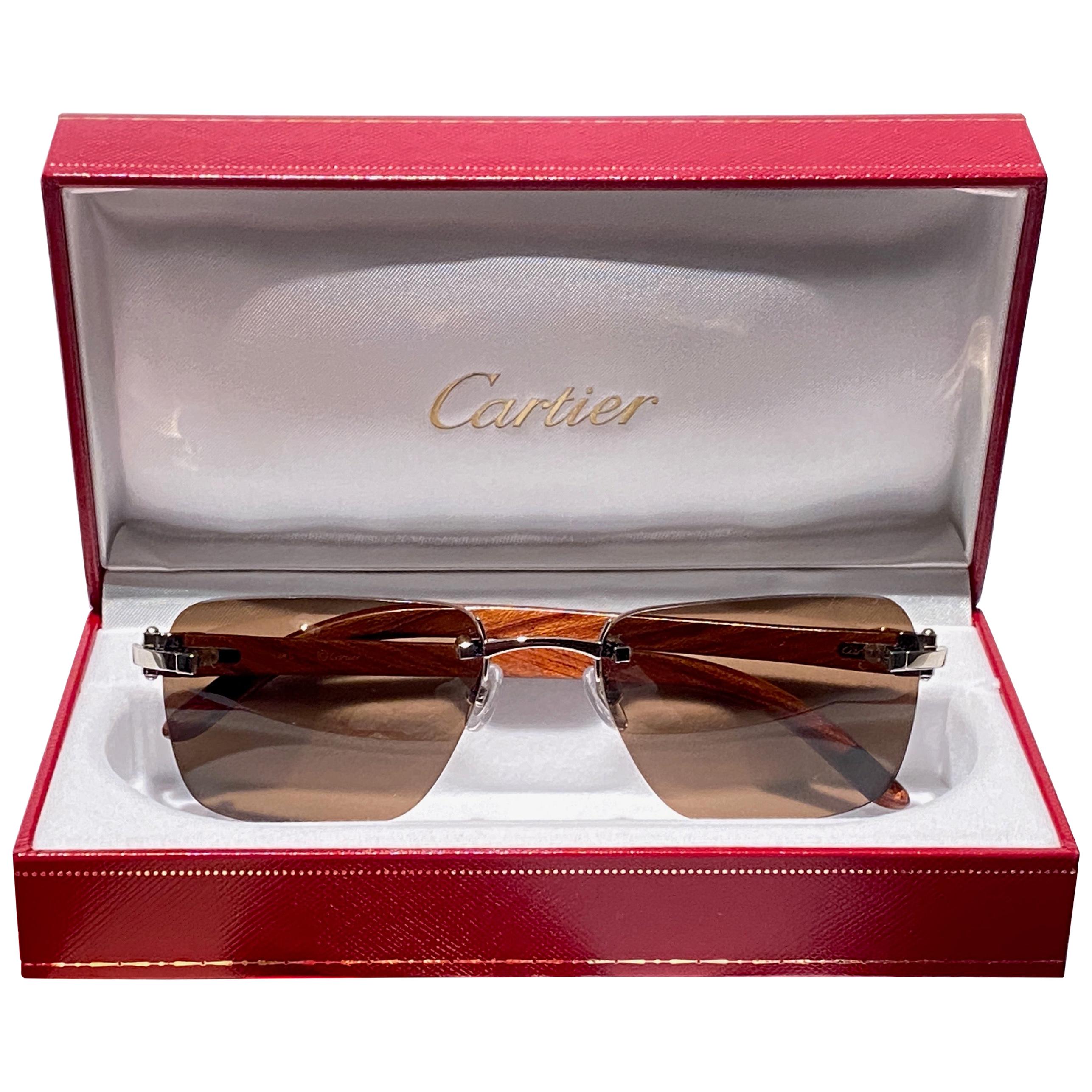 New Cartier Rimless " CROCO " C Decor Precious Wood Full Set France Sunglasses