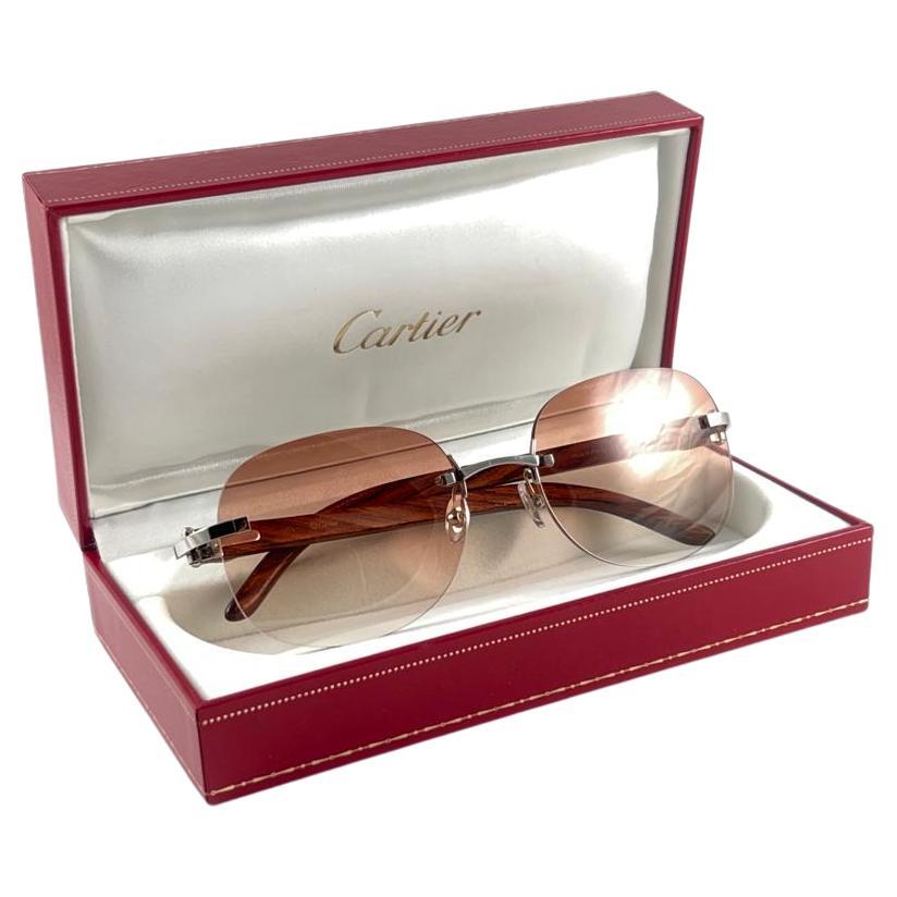 New Cartier Rimless " CROCO " C Decor Precious Wood Full Set France Sunglasses For Sale