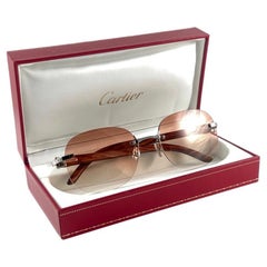 New Cartier Rimless " CROCO " C Decor Precious Wood Full Set France Sunglasses