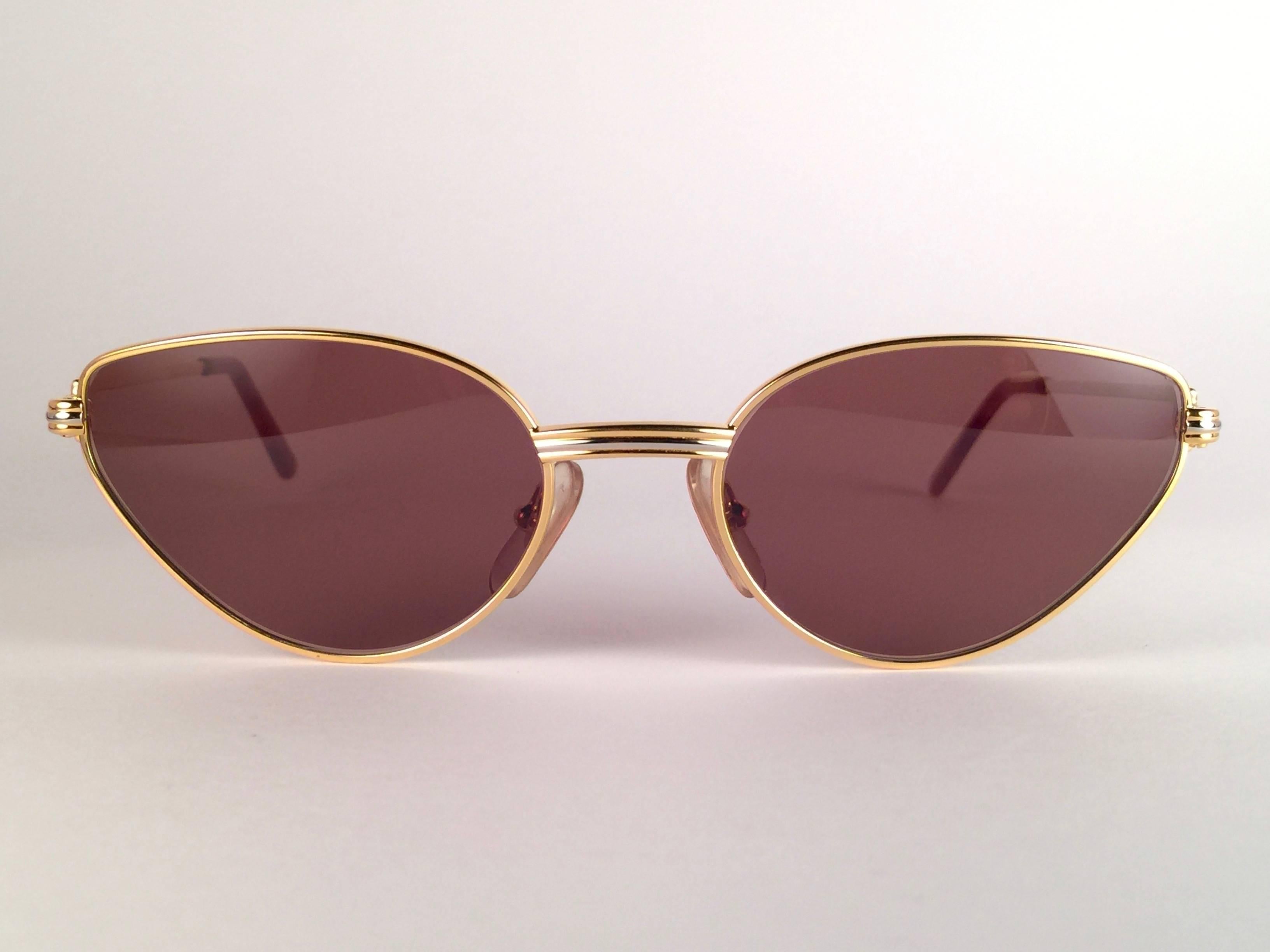 Beige New Cartier Rivoli Vendome 52mm Cat Eye Sunglasses 18k Heavy Plated France For Sale