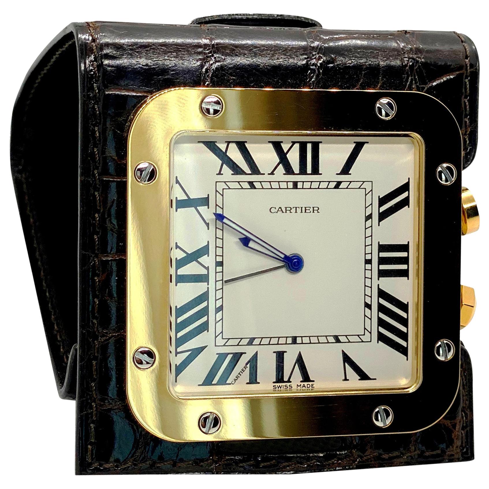 New Cartier Santos Exotic Gold Travel Alarm Desk Clock, Full Set