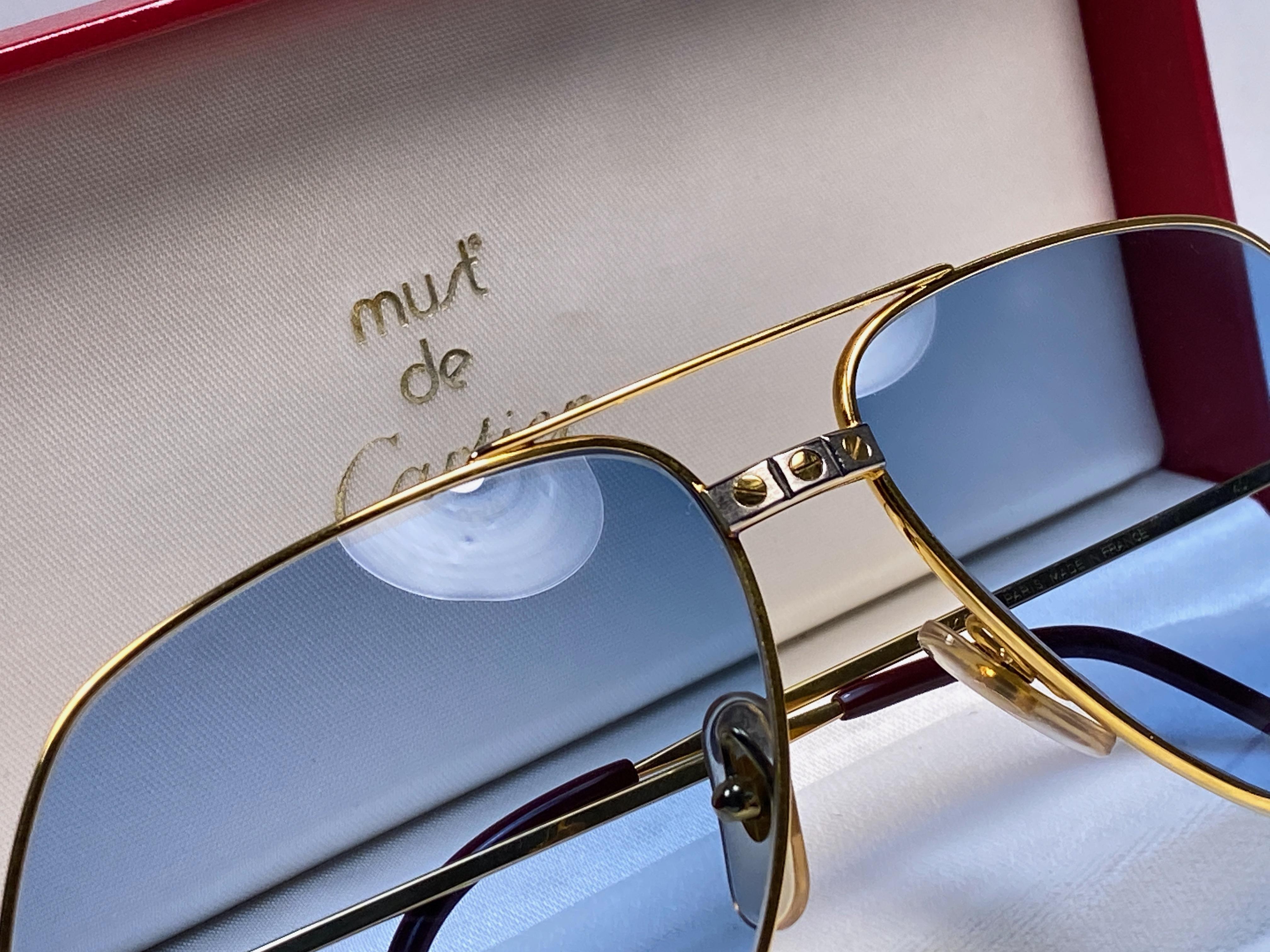 Women's or Men's New Cartier Santos Screws 1983 62M 18K Heavy Plated Blue Lens Sunglasses France For Sale