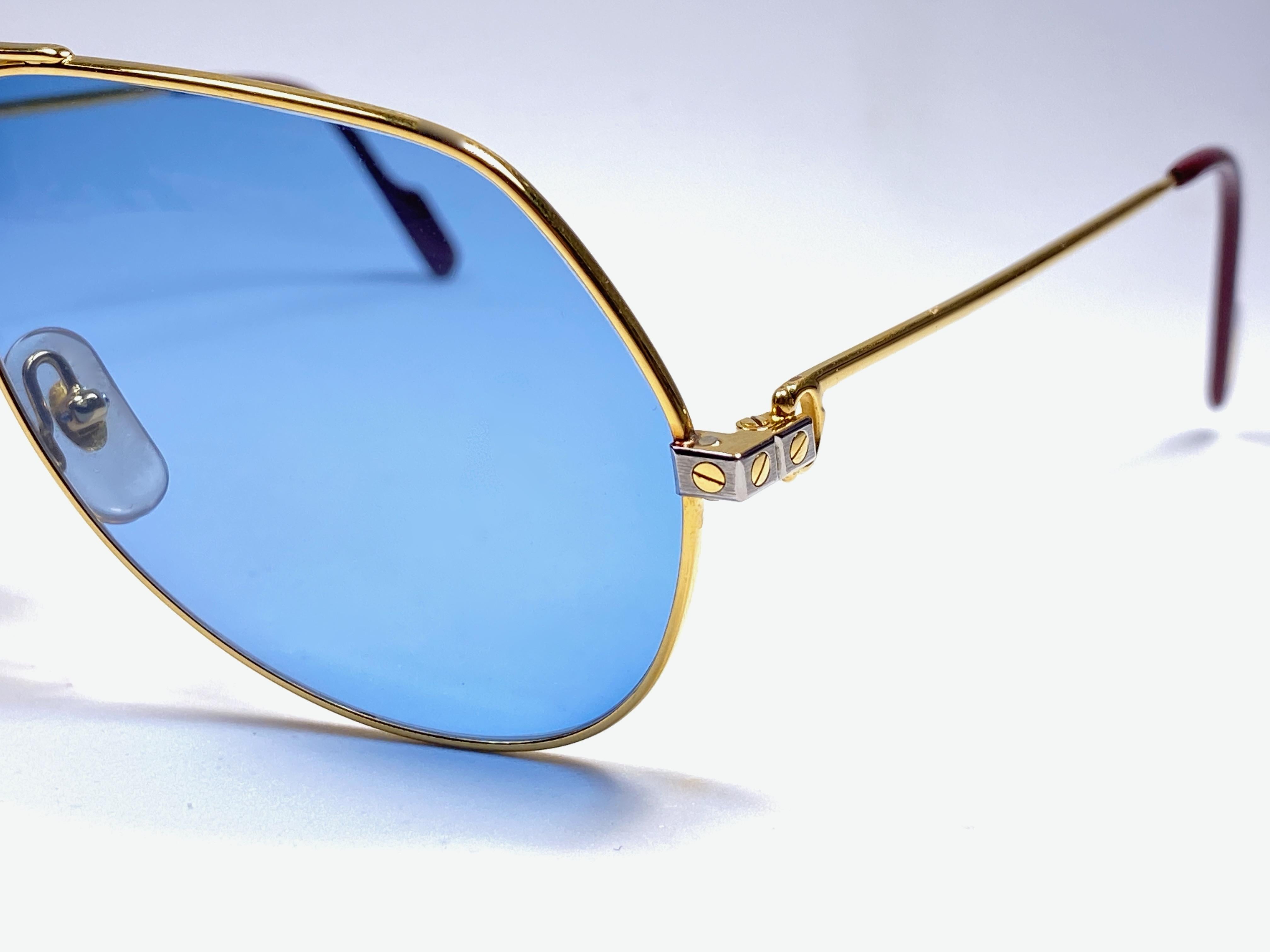 New Cartier Santos Screws 1983 62M 18K Heavy Plated Blue Lens Sunglasses France For Sale 1