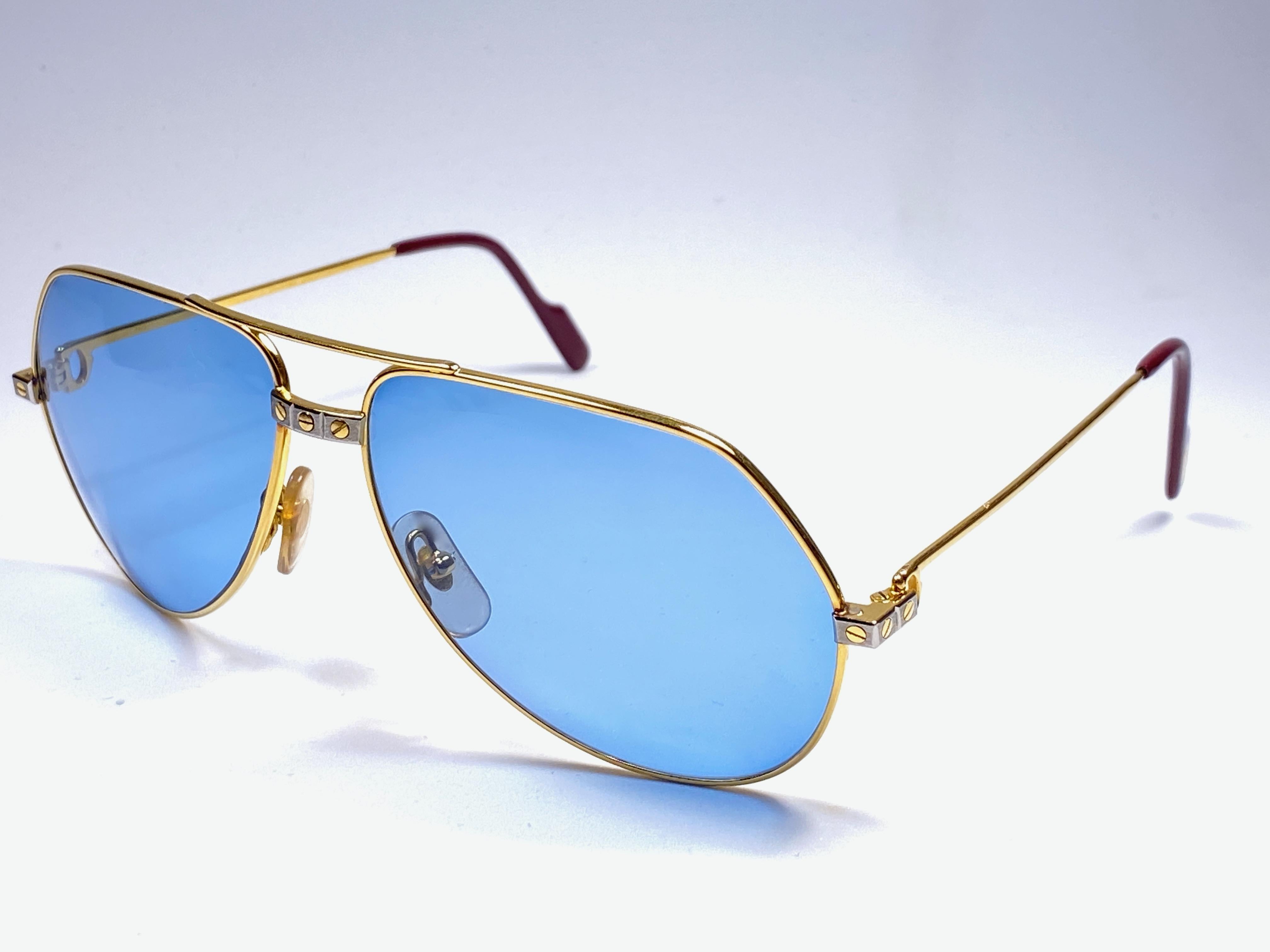 New Cartier Santos Screws 1983 62M 18K Heavy Plated Blue Lens Sunglasses France For Sale 2