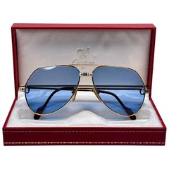 Vintage New Cartier Santos Screws 1983 62M 18K Heavy Plated Blue Lens Sunglasses France