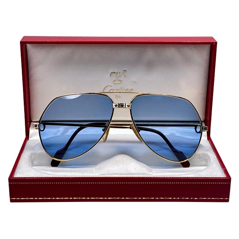 New Cartier Santos Screws 1983 62M 18K Heavy Plated Blue Lens Sunglasses  France For Sale at 1stDibs | 1983 cartier sunglasses, santos de cartier  aviator sunglasses, cartier santos sunglasses