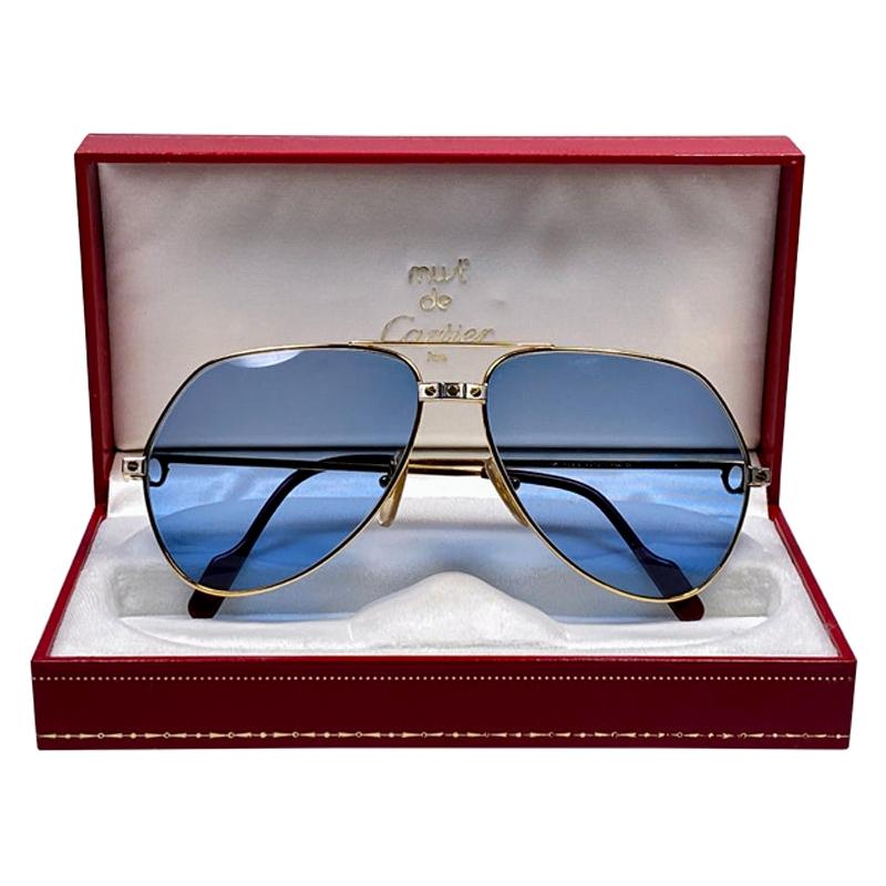 New Cartier Santos Screws 1983 62M 18K Heavy Plated Blue Lens Sunglasses France For Sale
