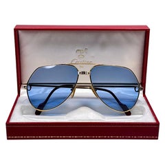 Retro New Cartier Santos Screws 1983 62M 18K Heavy Plated Blue Lens Sunglasses France