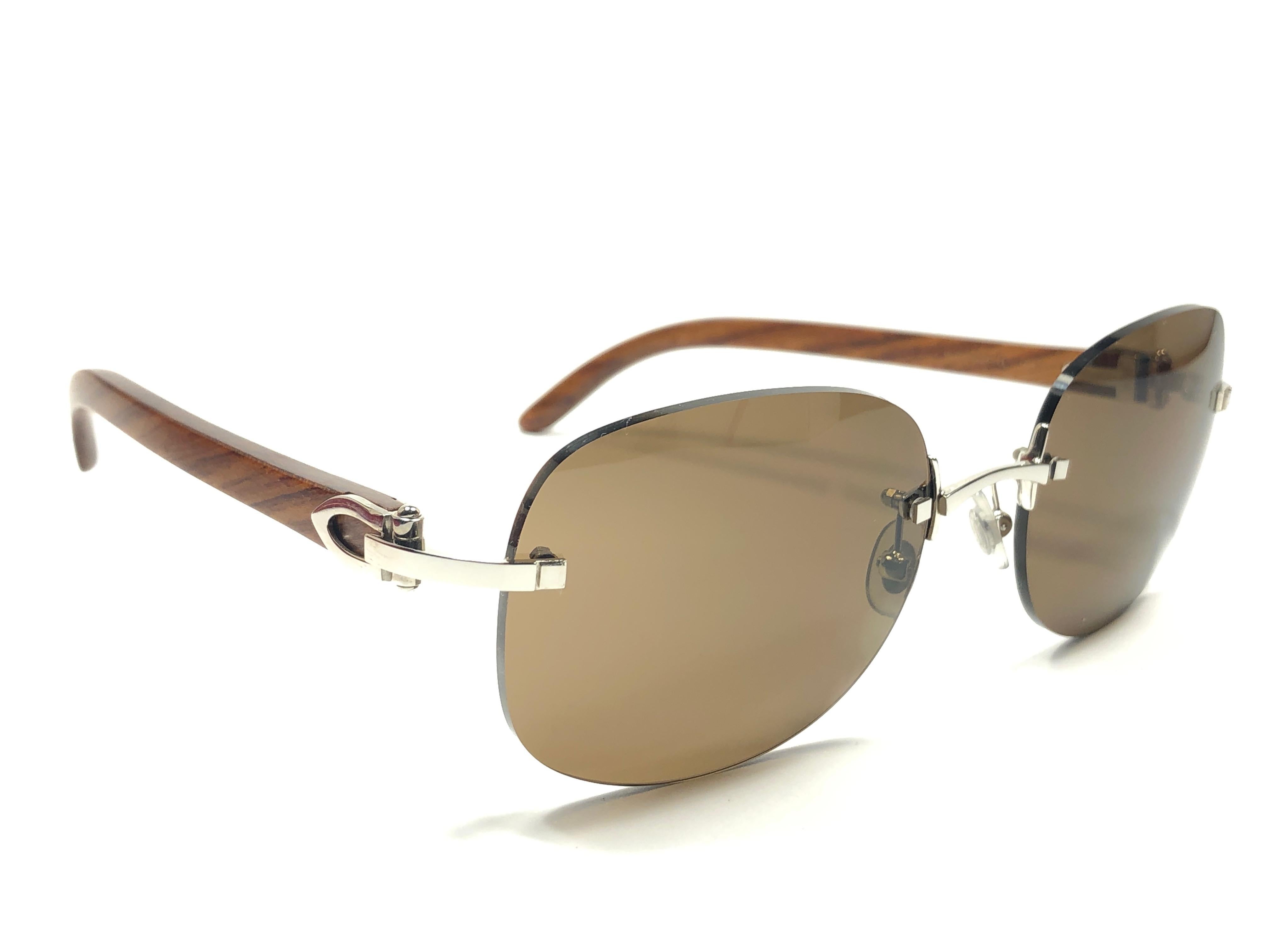 Beige New Cartier Serrano Precious Wood  Full Set Brown Lens France Sunglasses