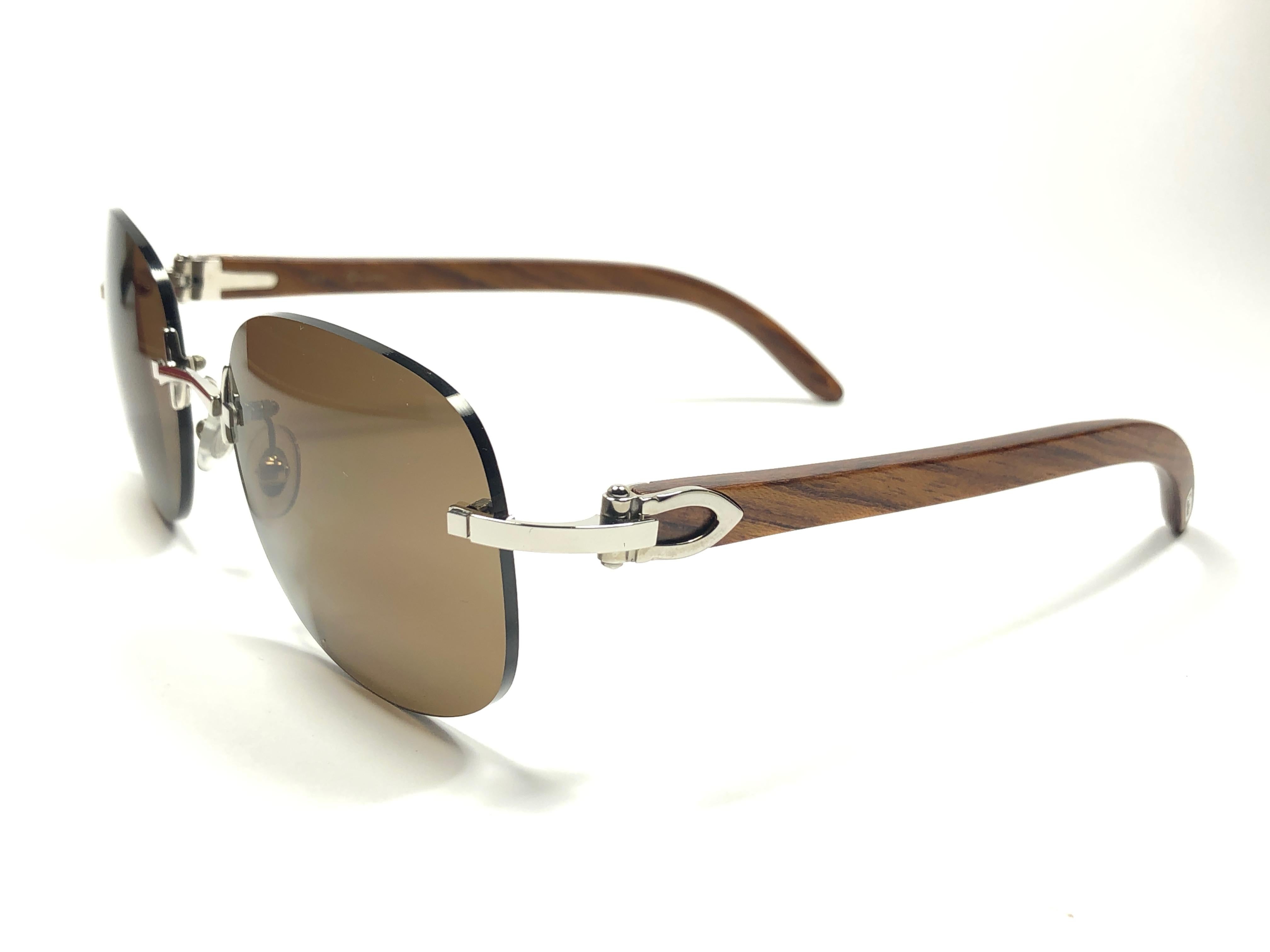 Women's or Men's New Cartier Serrano Precious Wood  Full Set Brown Lens France Sunglasses