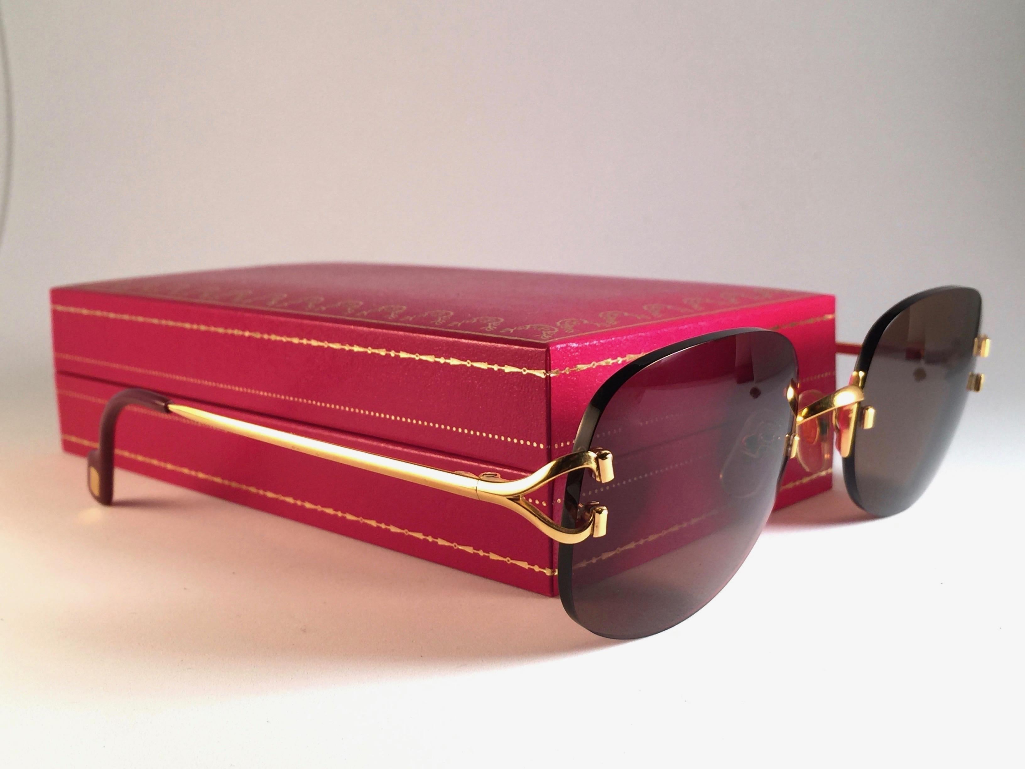 Marron New Cartier Serrano Rimless Gold 55mm Brown Lens France Sunglasses en vente