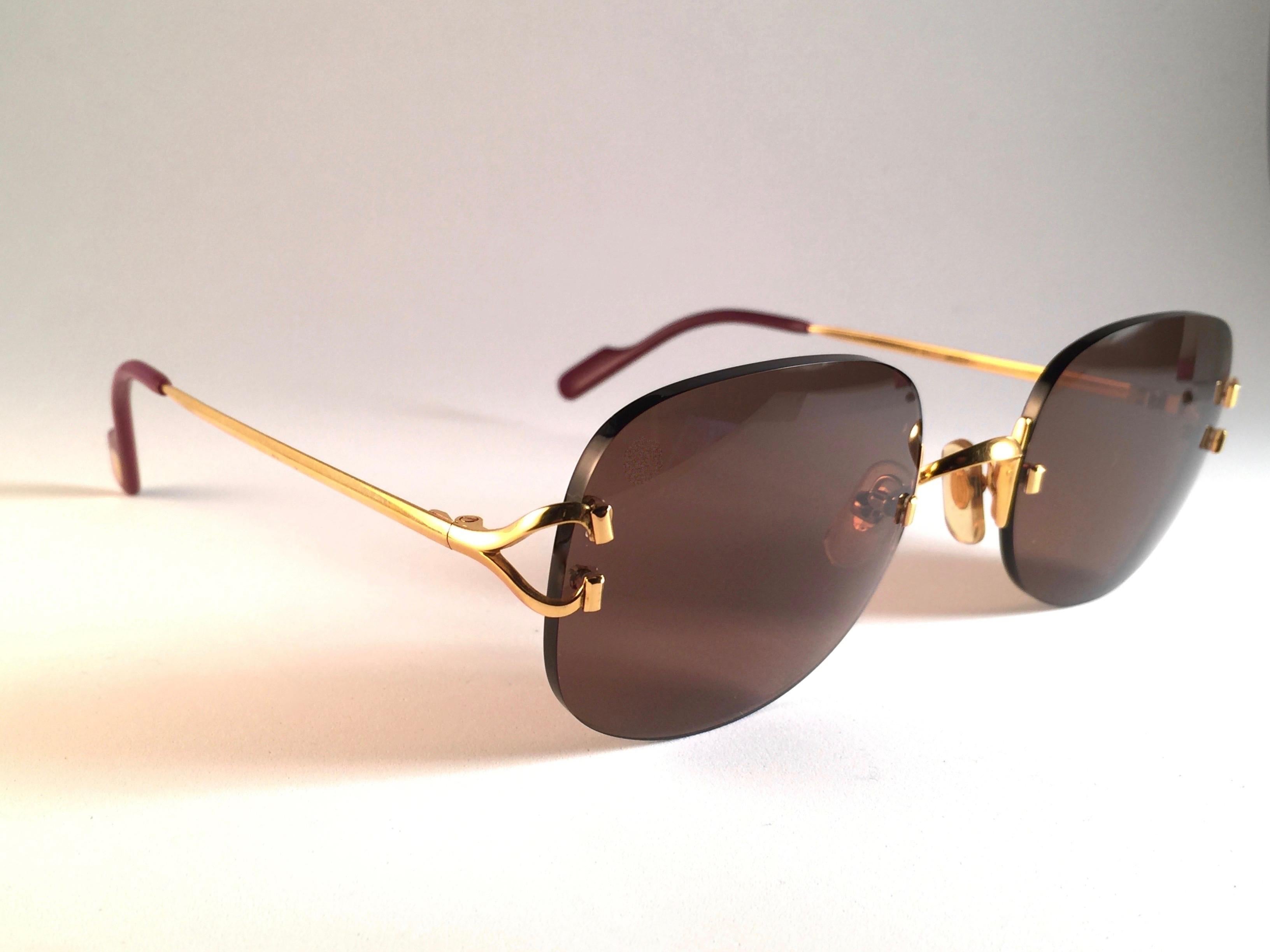 New Cartier Serrano Rimless Gold 55mm Brown Lens France Sunglasses Neuf - En vente à Baleares, Baleares
