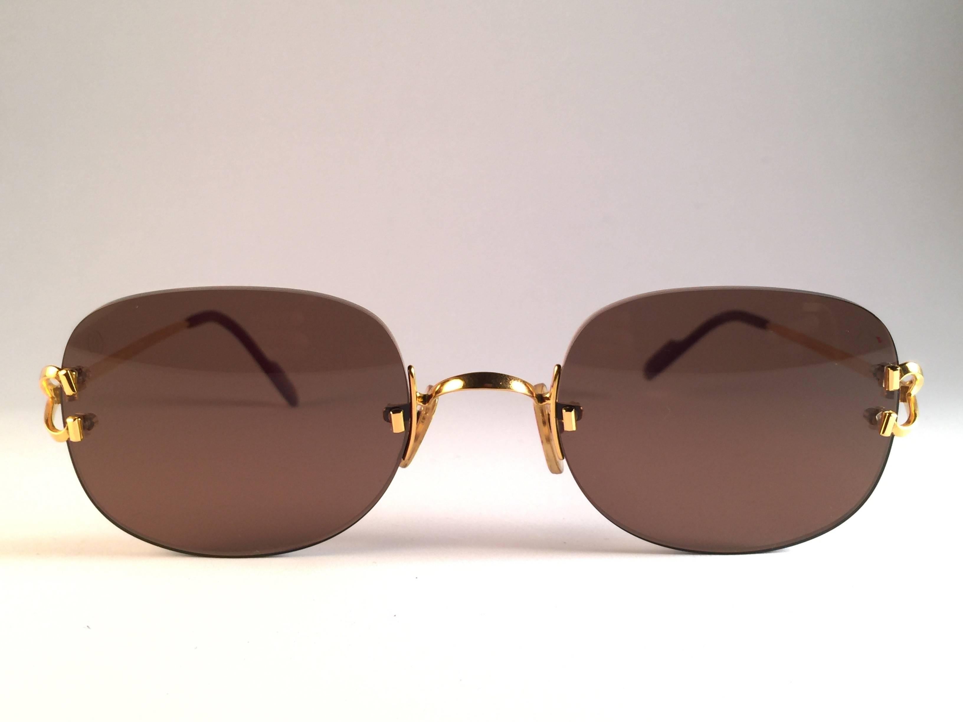 New Cartier Serrano Rimless Gold 55mm Brown Lens France Sunglasses 1