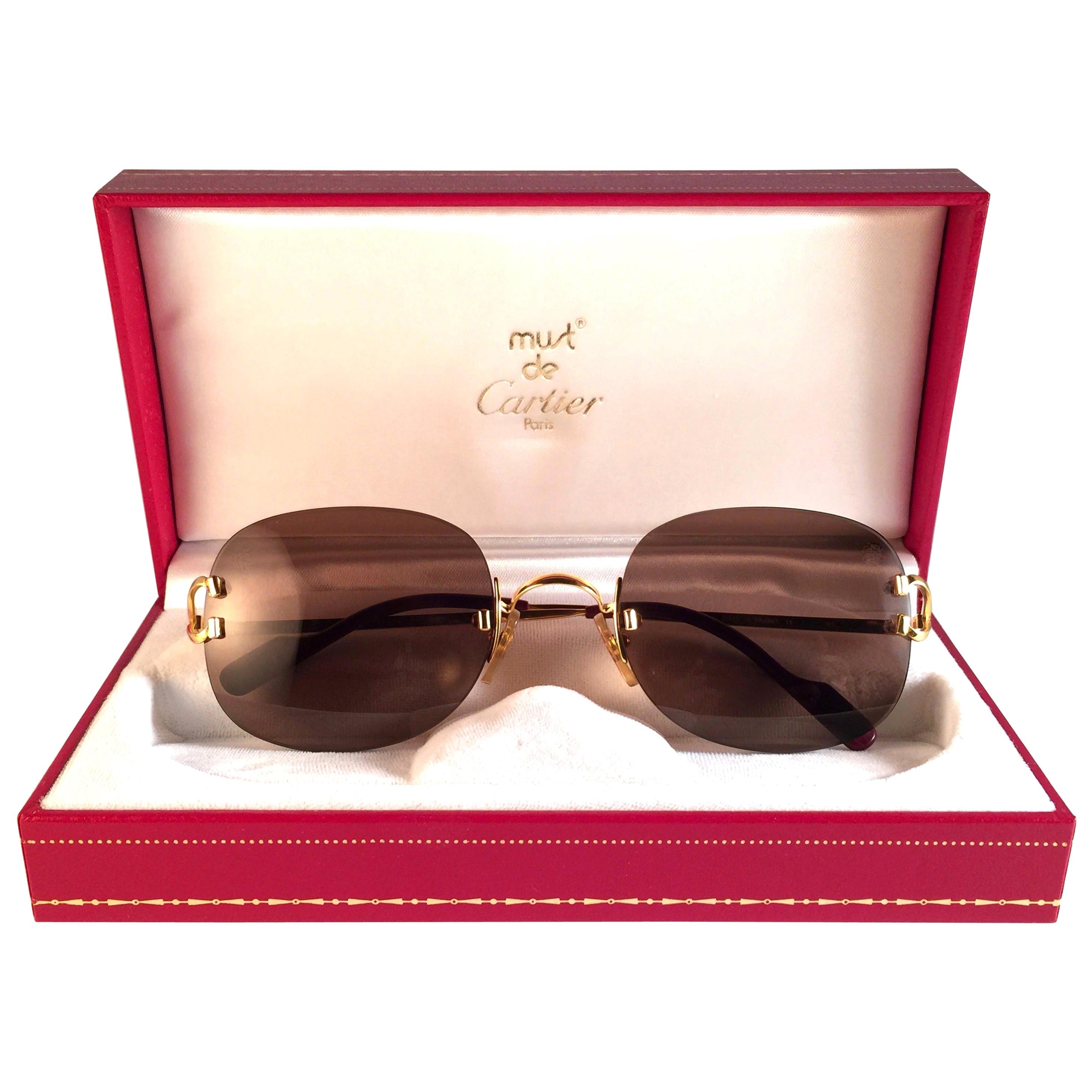 New Cartier Serrano Rimless Gold 55mm Brown Lens France Sunglasses