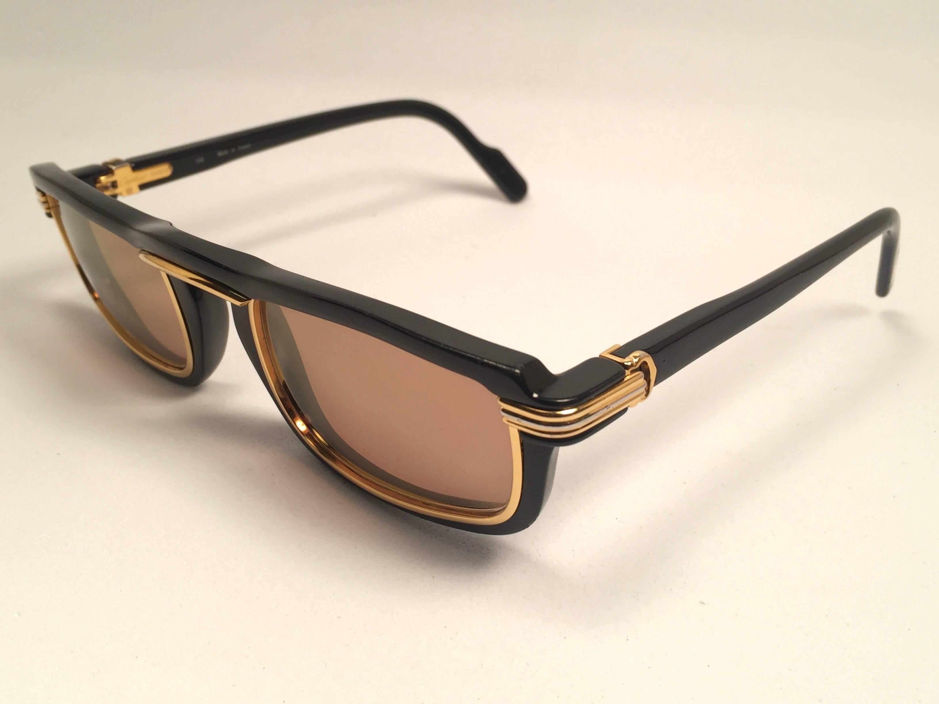 Beige New Cartier Vertigo Gold and Black 54MM Sunglasses France, 1991
