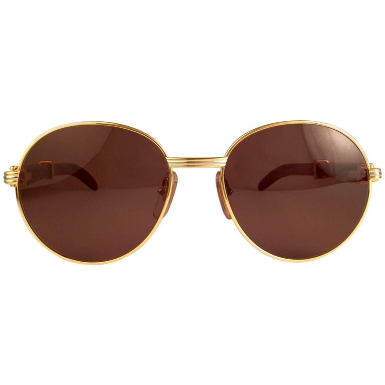 New Cartier Wood Bagatelle Round Gold and Precious Palisander 52[]18mm Sunglasses at 1stDibs