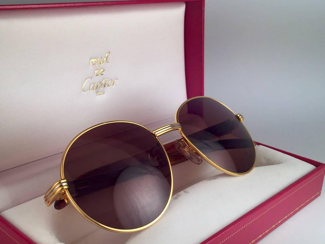 Brown New Cartier Wood Bagatelle Round Gold & Precious Palisander 52[]18mm Sunglasses