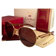 Retro New Cartier Wood Bagatelle Round Gold & Precious Palisander 52[]18mm Sunglasses