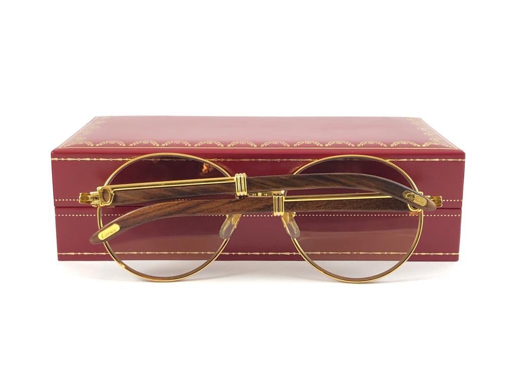 New Cartier Wood Bagatelle Round Gold & Precious Wood 55mm Brown Lens For Sale 3