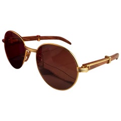 Retro New Cartier Wood Bagatelle Round Gold & Precious Wood 55mm Sunglasses