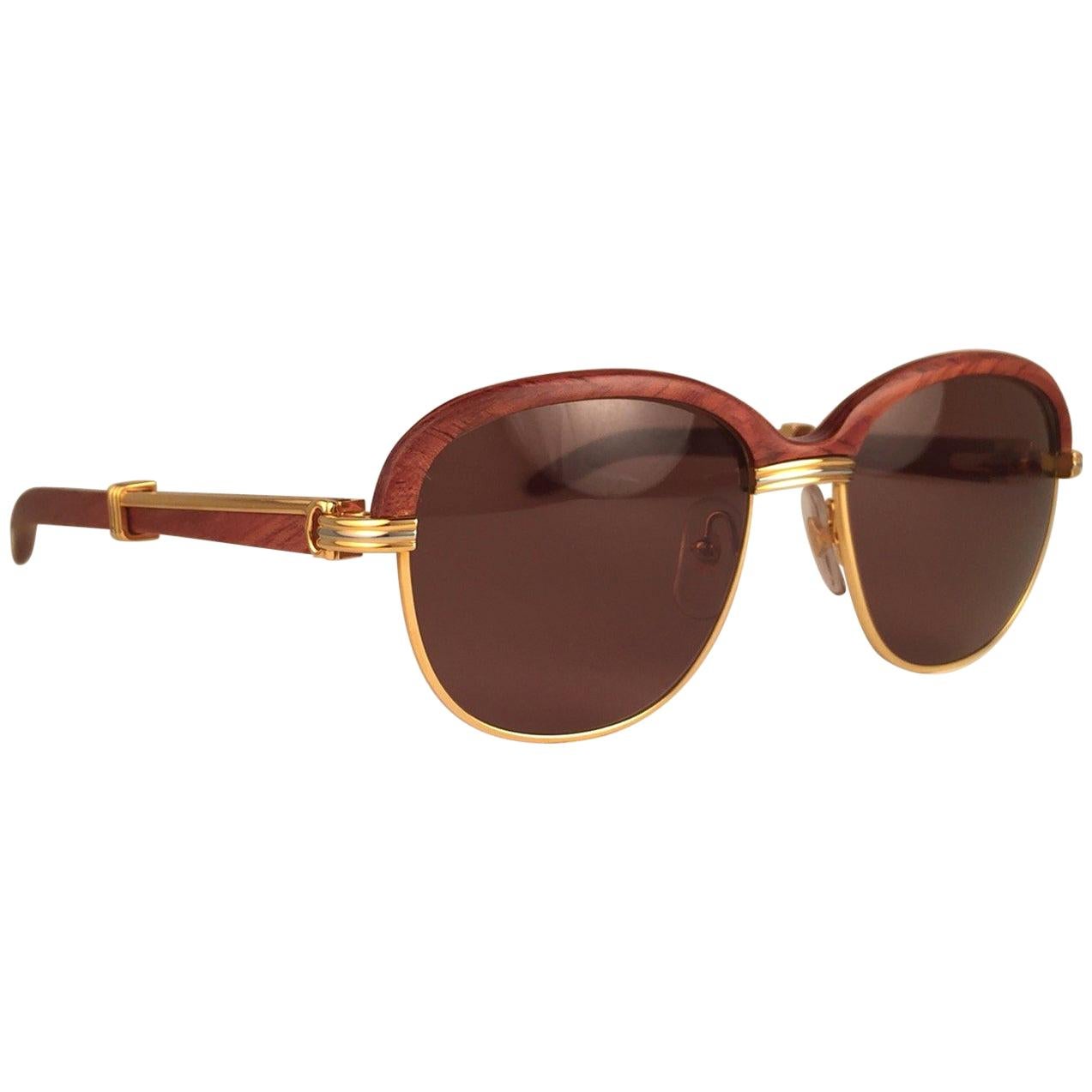 New Cartier Wood Malmaison Precious Wood and Gold 54mm Sunglasses