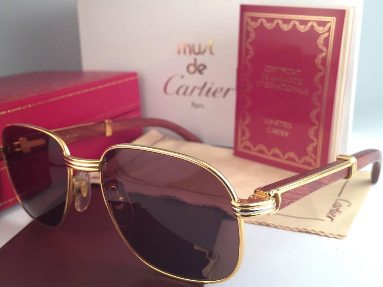 Neu Cartier Wood Monceau Gold & Wood 55MM Brown Gläser Frankreich Sonnenbrille im Zustand „Neu“ im Angebot in Baleares, Baleares