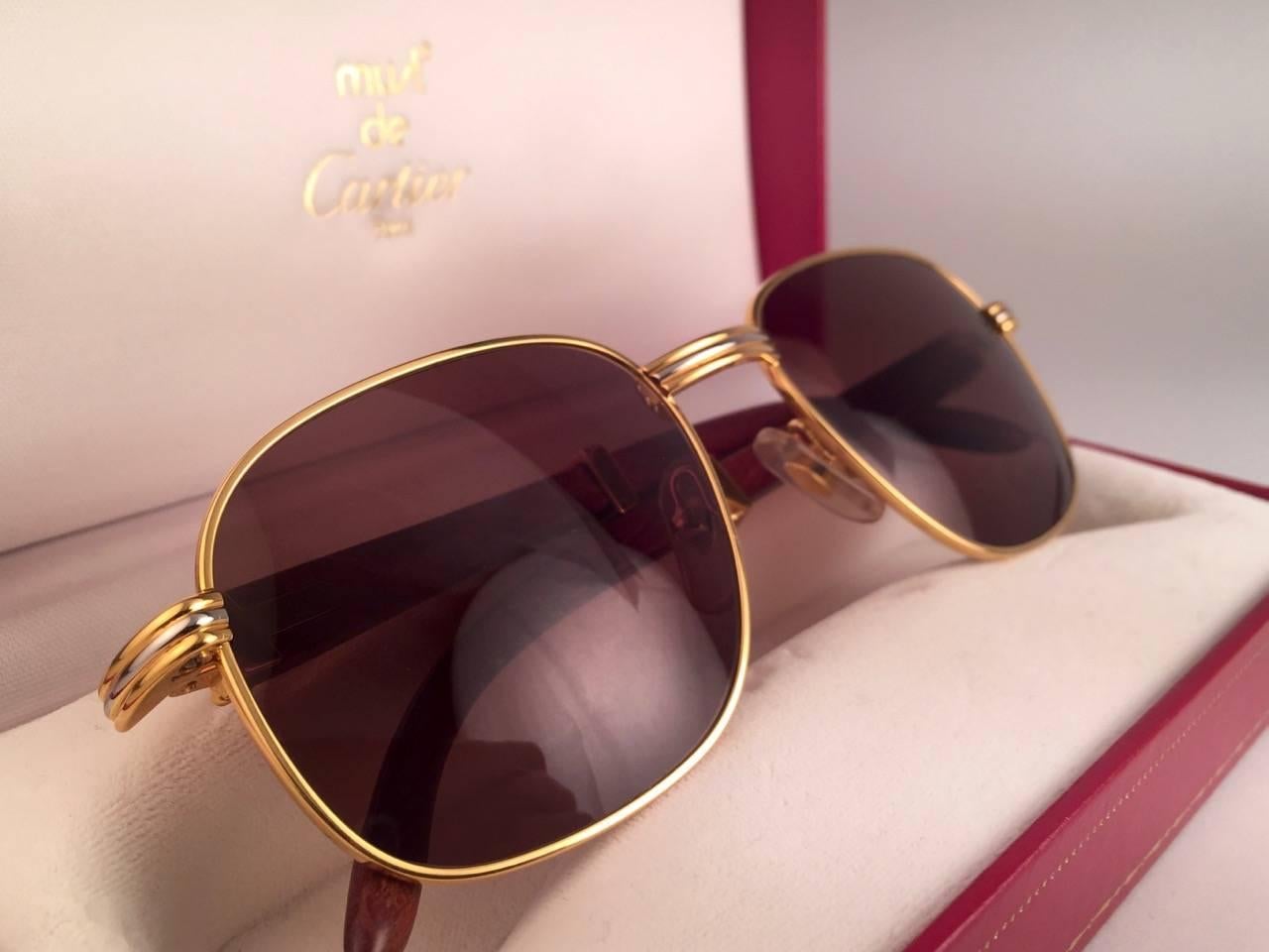 New Cartier Wood Monceau Gold & Wood 55MM Brown Lenses France Sunglasses In New Condition For Sale In Baleares, Baleares
