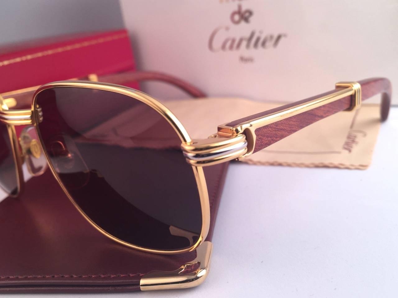 Women's or Men's New Cartier Wood Monceau Gold & Wood 55MM Brown Lenses France Sunglasses For Sale