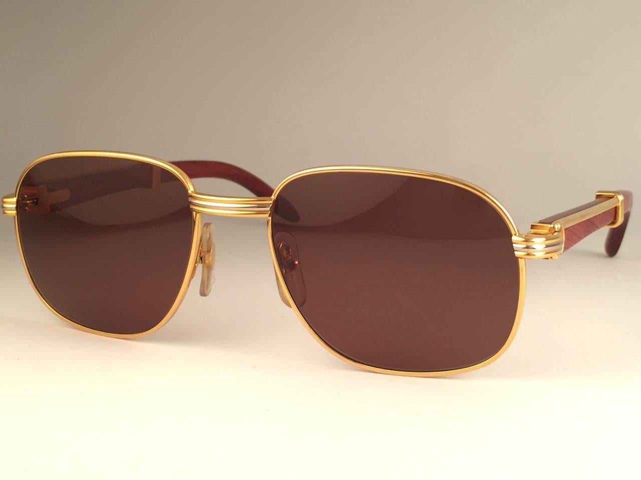 New Cartier Wood Monceau Gold & Wood 55MM Brown Lenses France Sunglasses For Sale 1