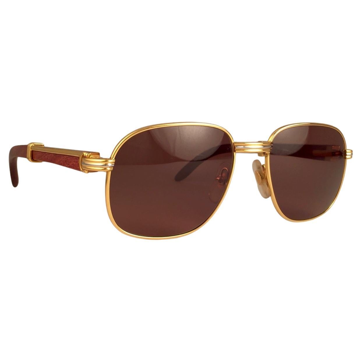 New Cartier Wood Monceau Gold & Wood 55MM Brown Lenses France Sunglasses For Sale